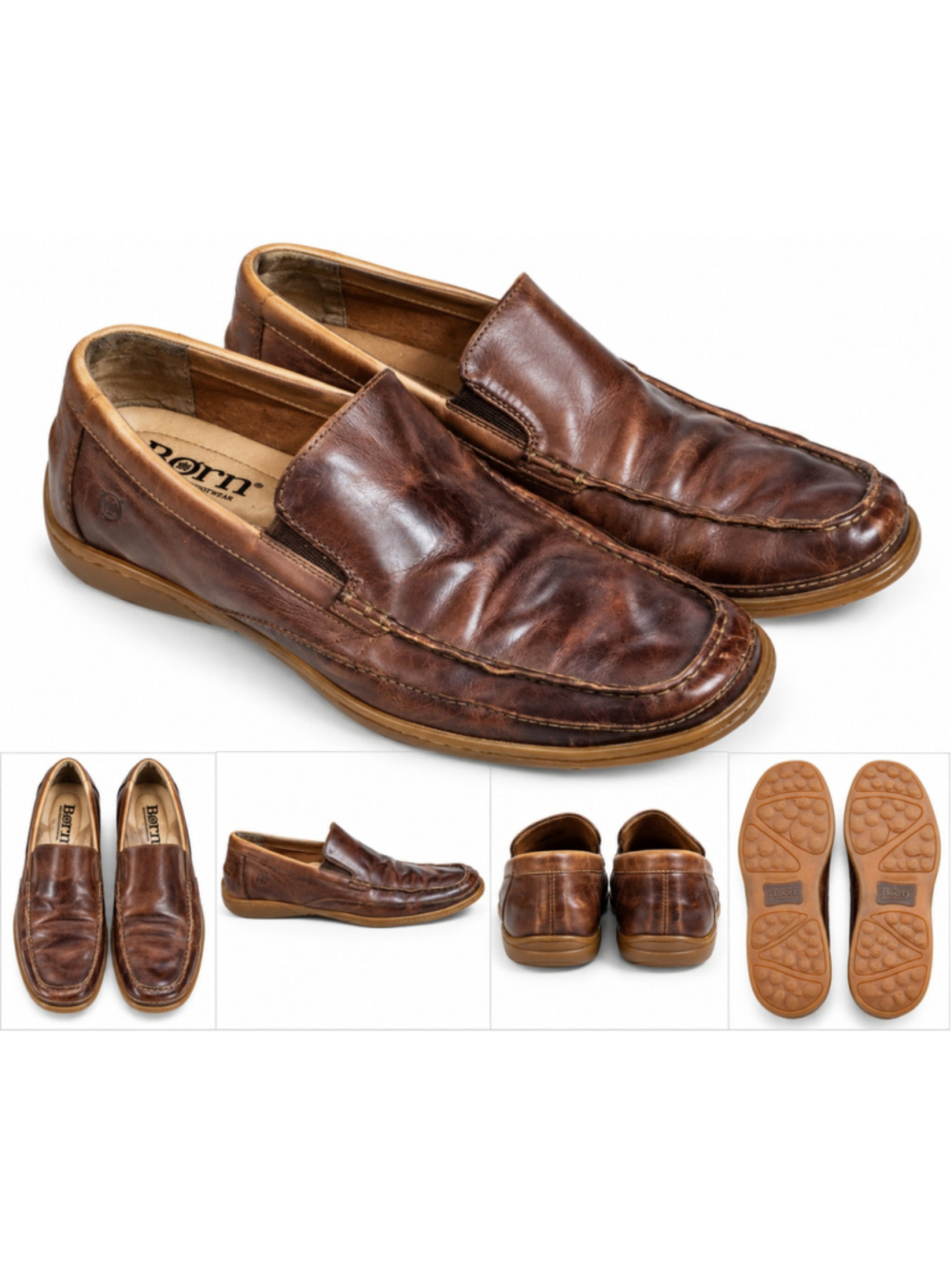Born Mens 10.5 Brown Genuine Leather Moc Toe Loafers Slip On Comfort Shoes